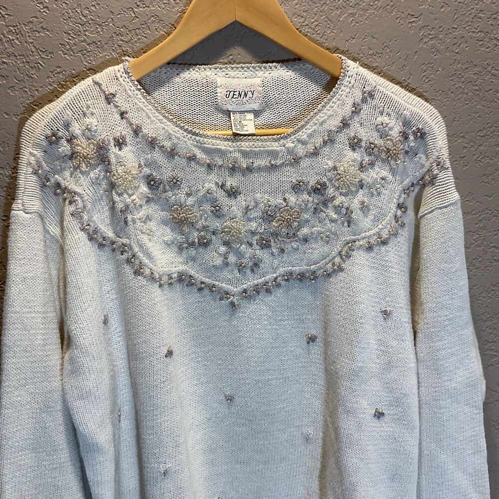 Jenny Vintage M Cottagecore Floral Embroidered Sweater M Ramie Cotton